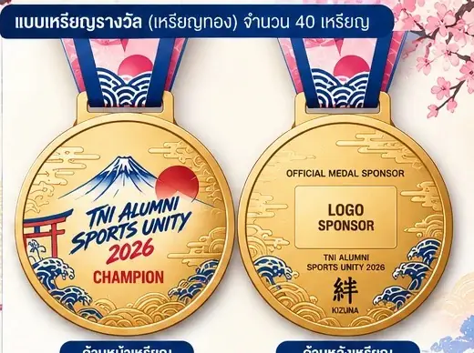 แบบเหรียญทอง TNI ALUMNI SPORTS UNITY 2026 ลายภูเขาไฟฟูจิ เสาโทริอิ และคลื่นญี่ปุ่น